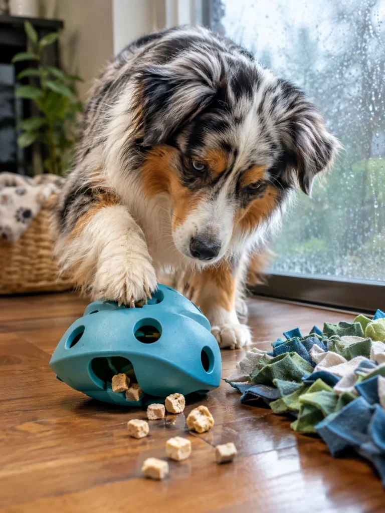 Dog solving a puzzle feeder filled with topper bits