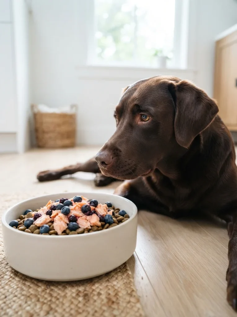 Salmon and blueberry combo beside a dog with shiny fur