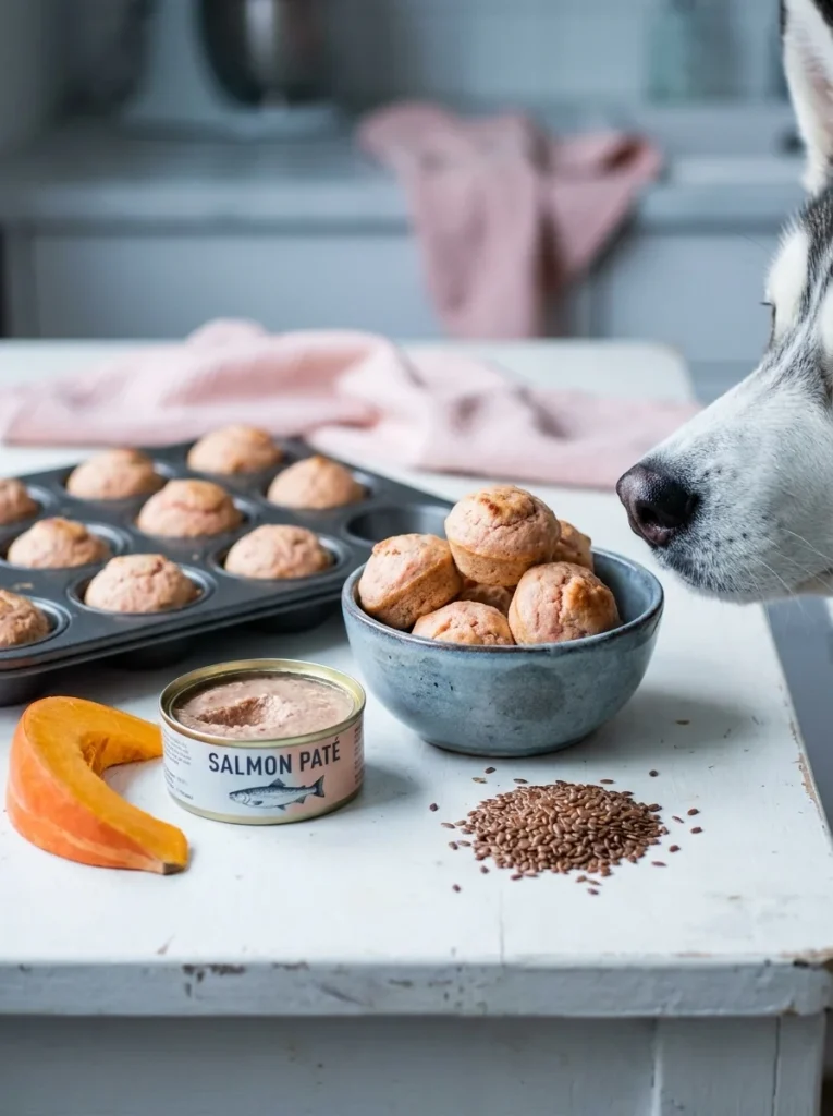 Salmon mini bites, dog treats without flour, baked in muffin tin