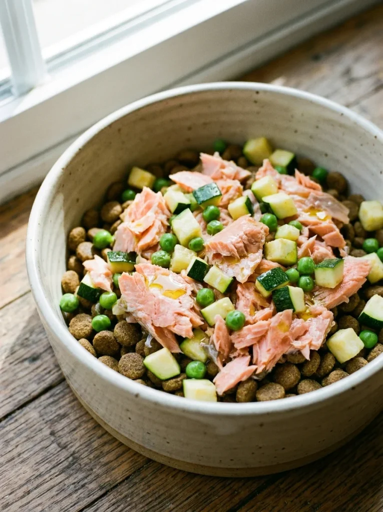 Salmon zucchini pea topper for high protein dog food