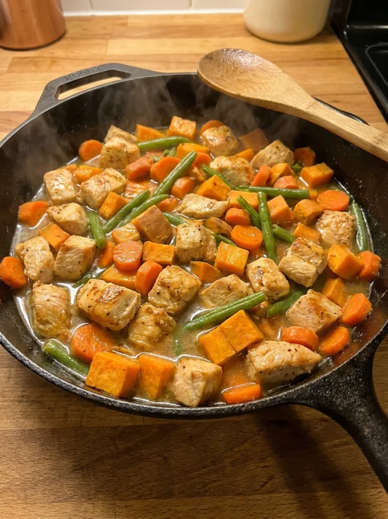 Chicken sweet potato dog food topper served in bowl