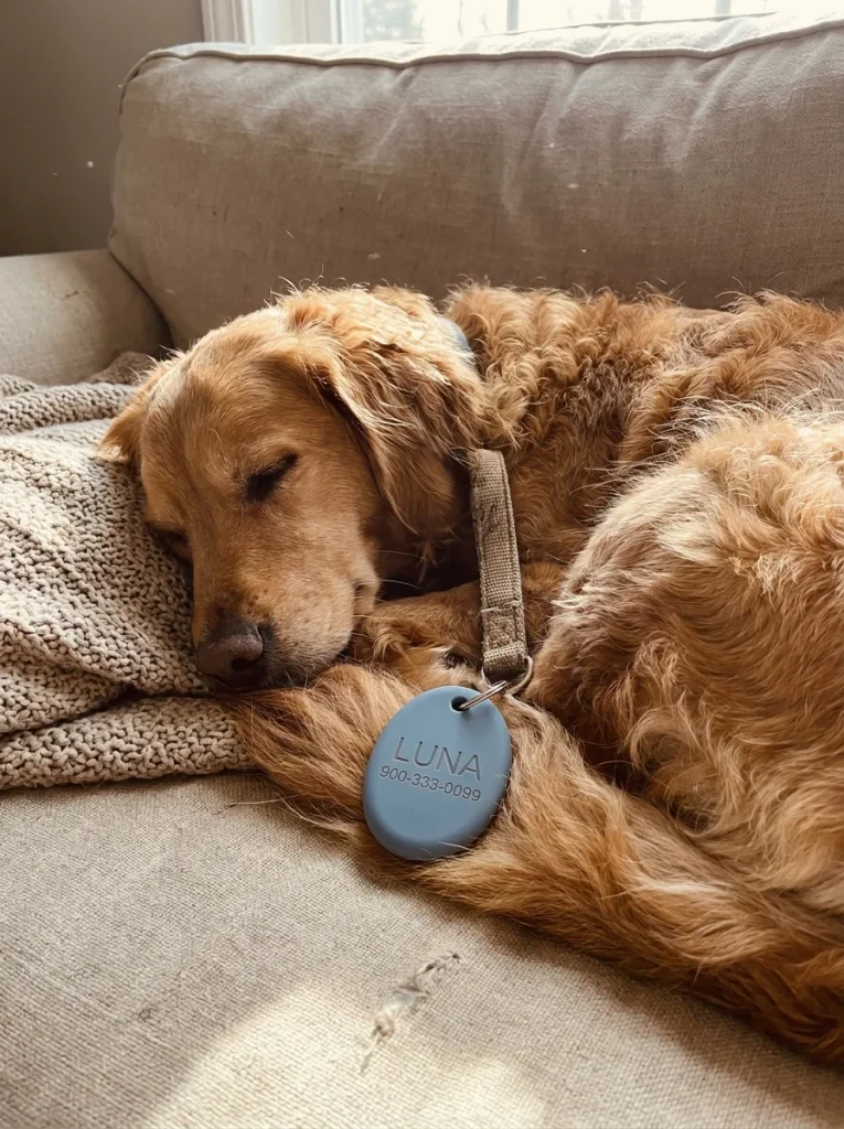 Sleeping dog wearing silicone covered dog tag