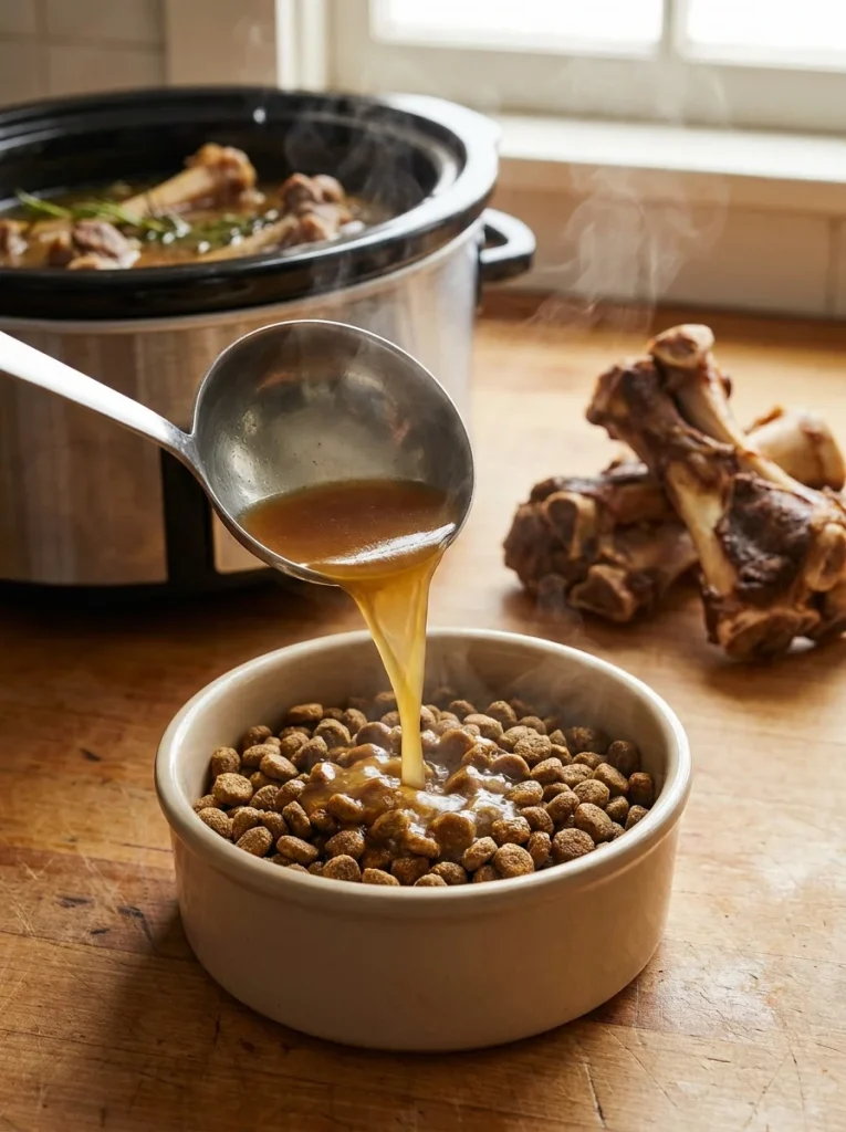 Bone broth topper being ladled over dog kibble bowl