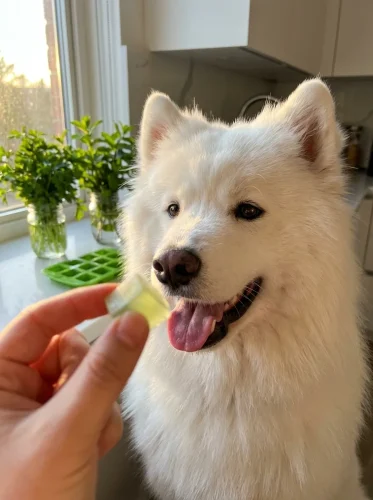 Smiling Samoyed about to take one of the fresh breath dog gummies from its owner's hand