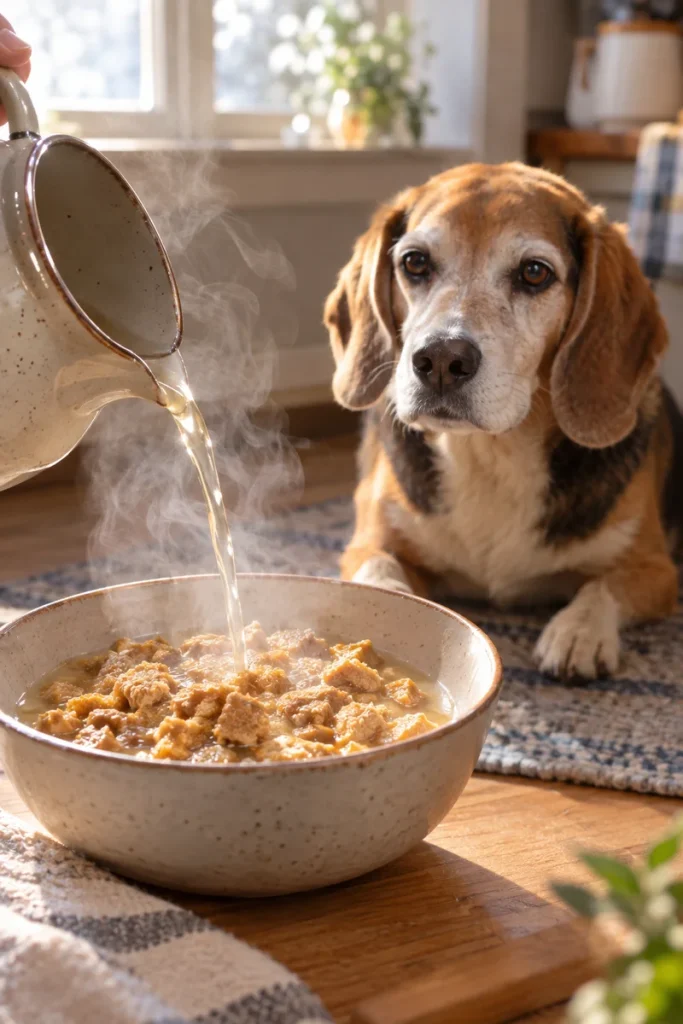 Warm broth poured on topper pieces to soften them