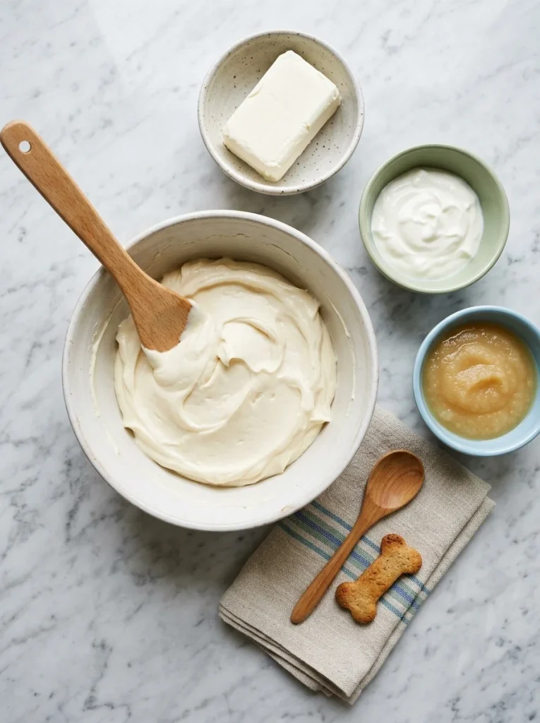 Bowl of soft spreadable cream cheese dog frosting with a spatula