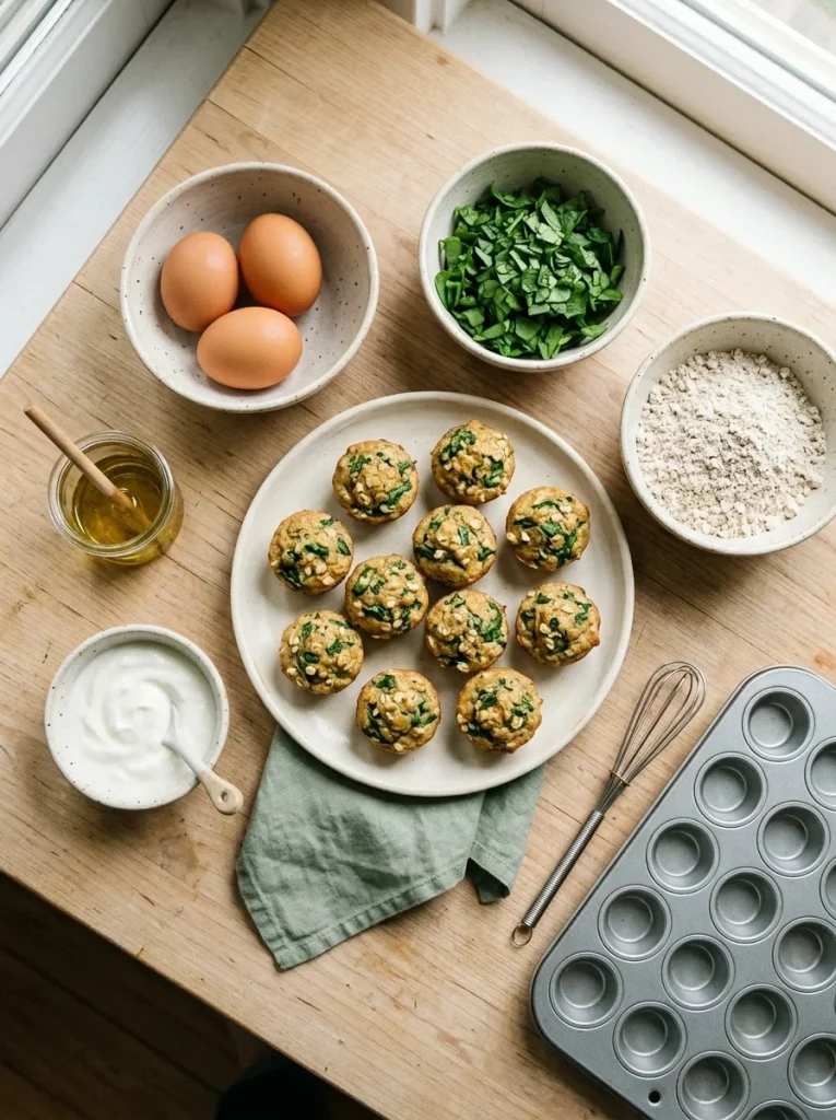 Spinach & Egg Mini Muffins for Dogs base recipe ingredients laid out on a kitchen counter