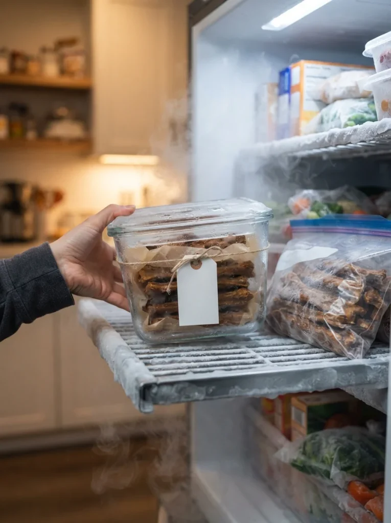 Storing banana and peanut butter chew sticks for dogs in a glass container inside the freezer