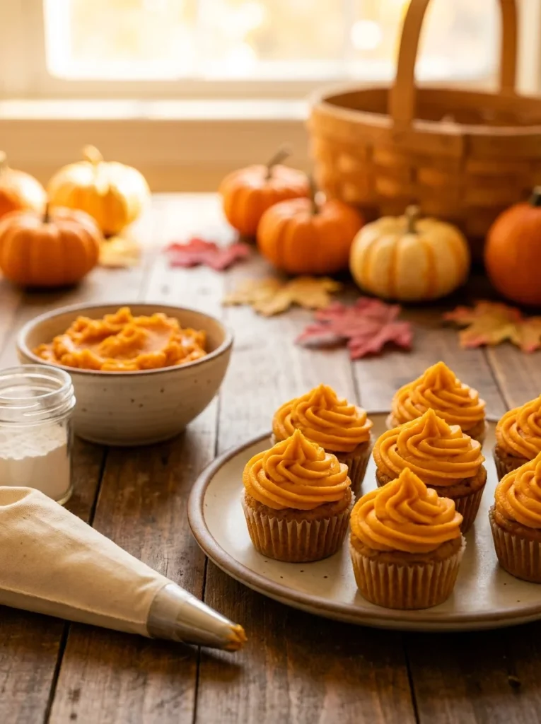Orange sweet potato icing piped onto dairy-free dog cupcakes