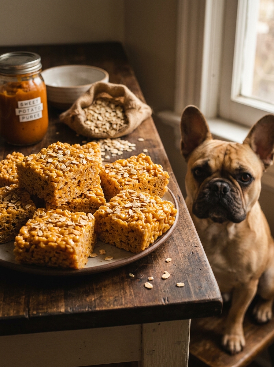 Sweet potato oat rice krispie dog treats with toasted rolled oats visible