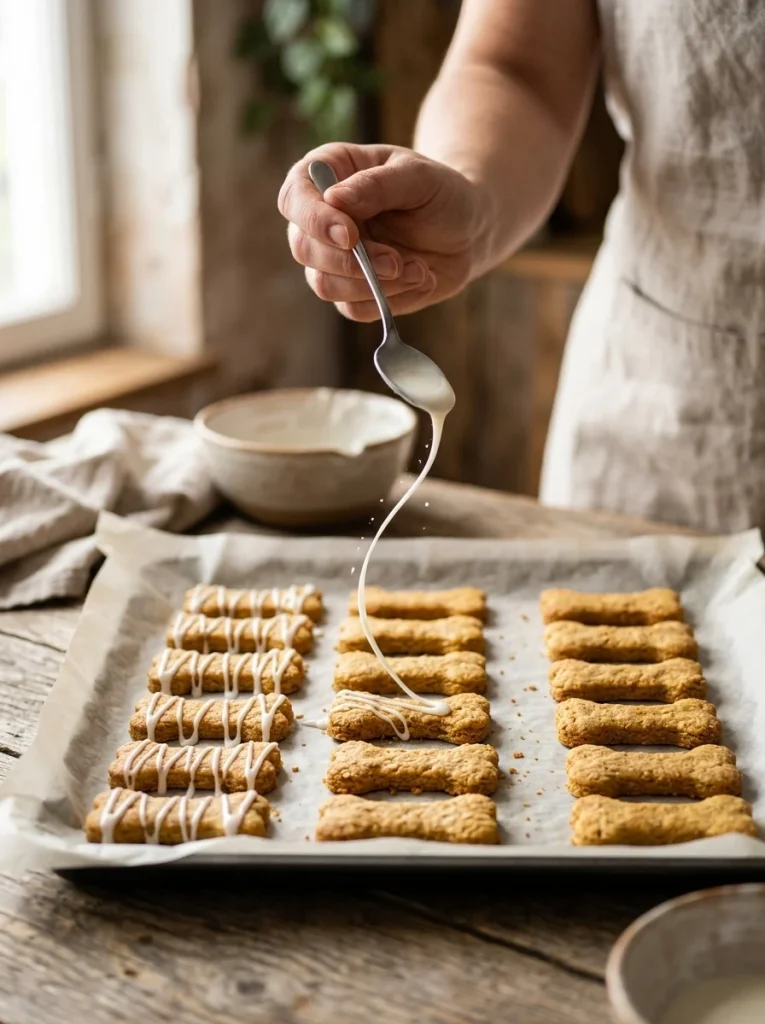 Thin cream cheese glaze drizzled over bone-shaped dog biscuits