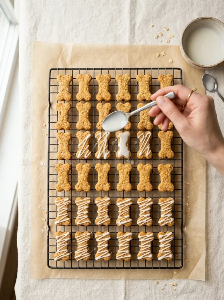 Yogurt glaze drizzled over bone-shaped dog cookies