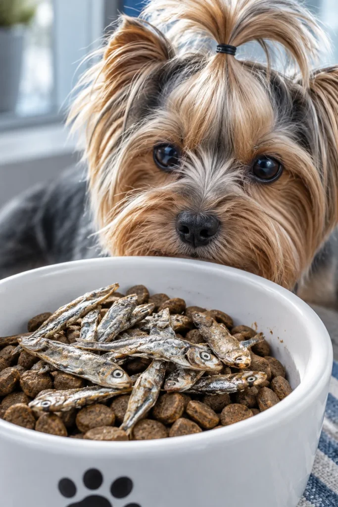 Small crunchy fish toppers on kibble beside a small dog
