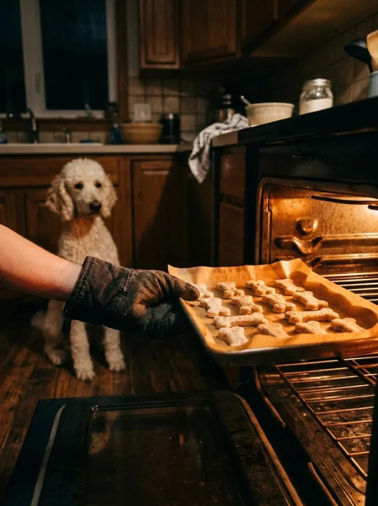 Baking tray of homemade tuna dog treats sliding into a warm oven