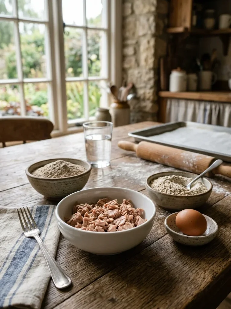Ceramic bowls of tuna, egg and flour set out for dog biscuit baking