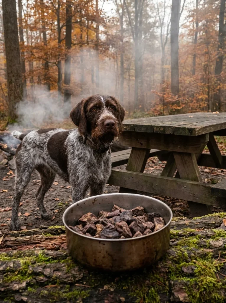 Venison topper served to a lean athletic dog outdoors