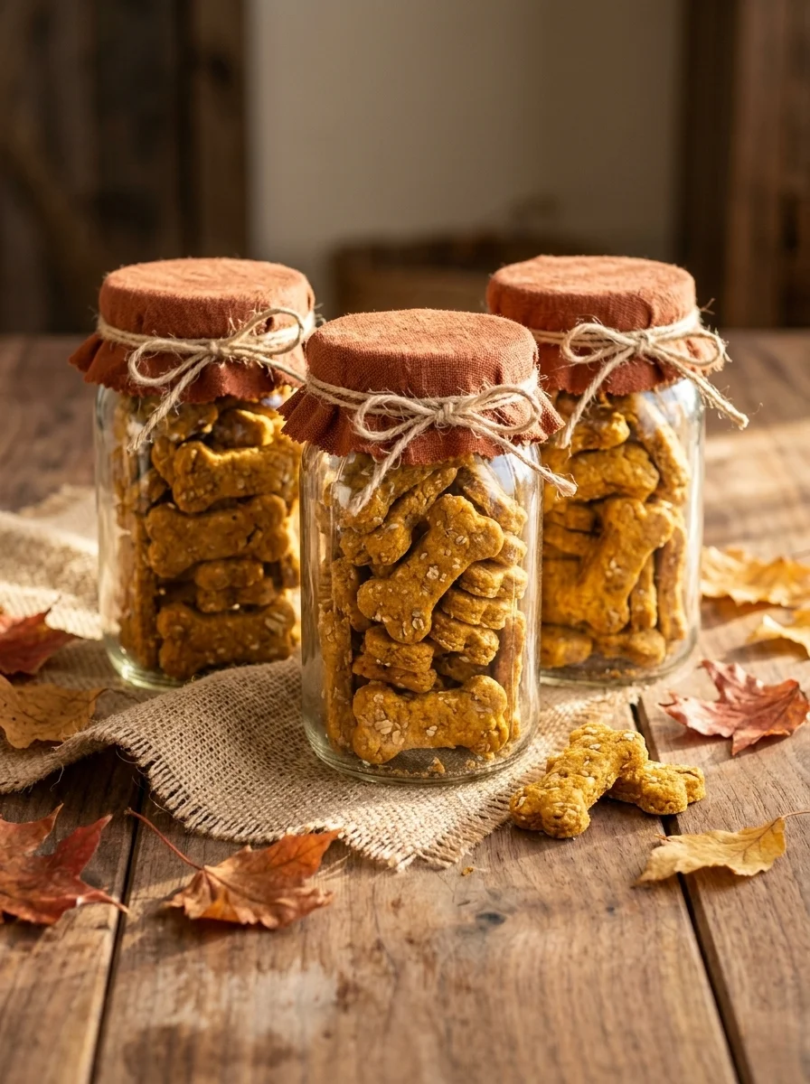 Pumpkin dog treats in an amber glass jar with autumn styling