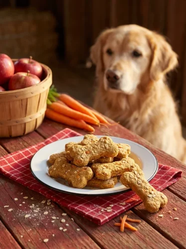 Apple and carrot dog treat bones on a plate in a warm barn kitchen with a golden retriever waiting