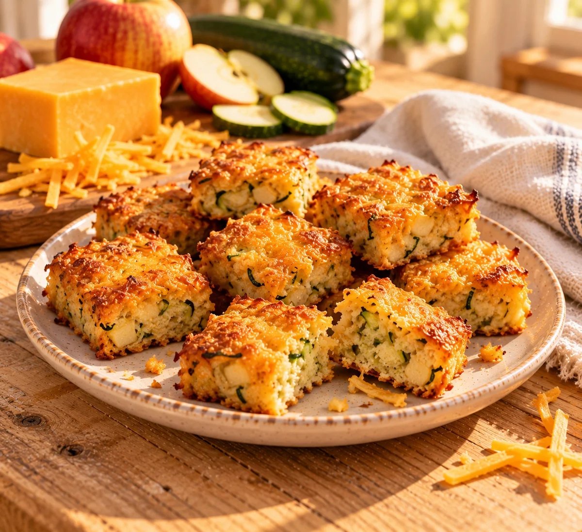 Apple zucchini cheddar chews for dogs with cheese-crisped tops on a plate