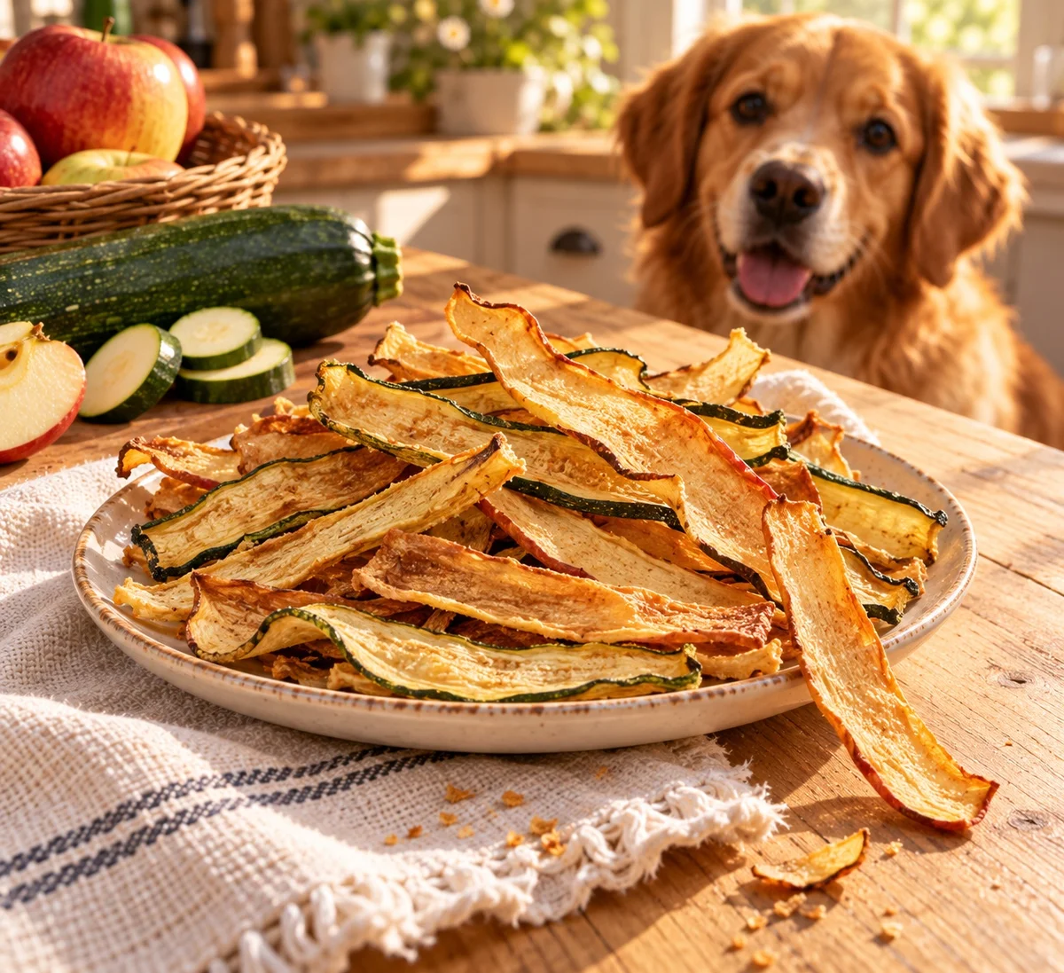 Apple zucchini dog chew sticks on a plate in a sunlit country kitchen with a golden retriever waiting