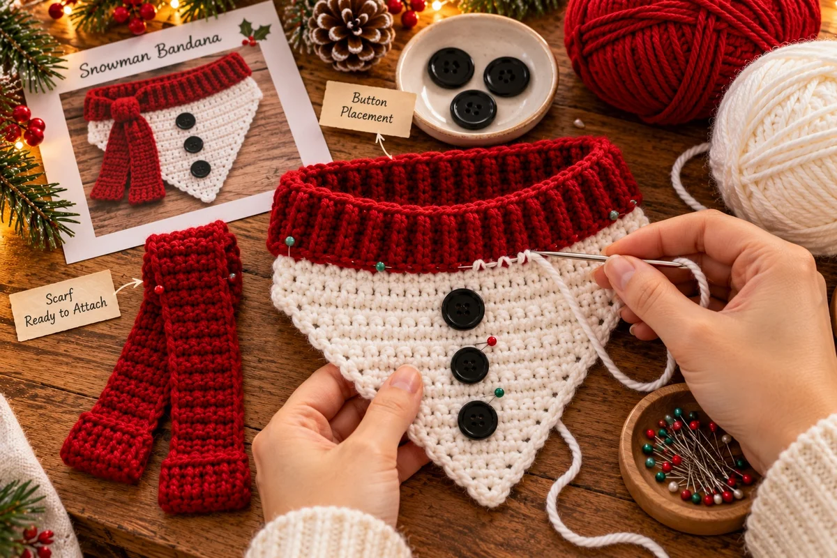 Sewing triangle, buttons, and scarf to assemble snowman bandana