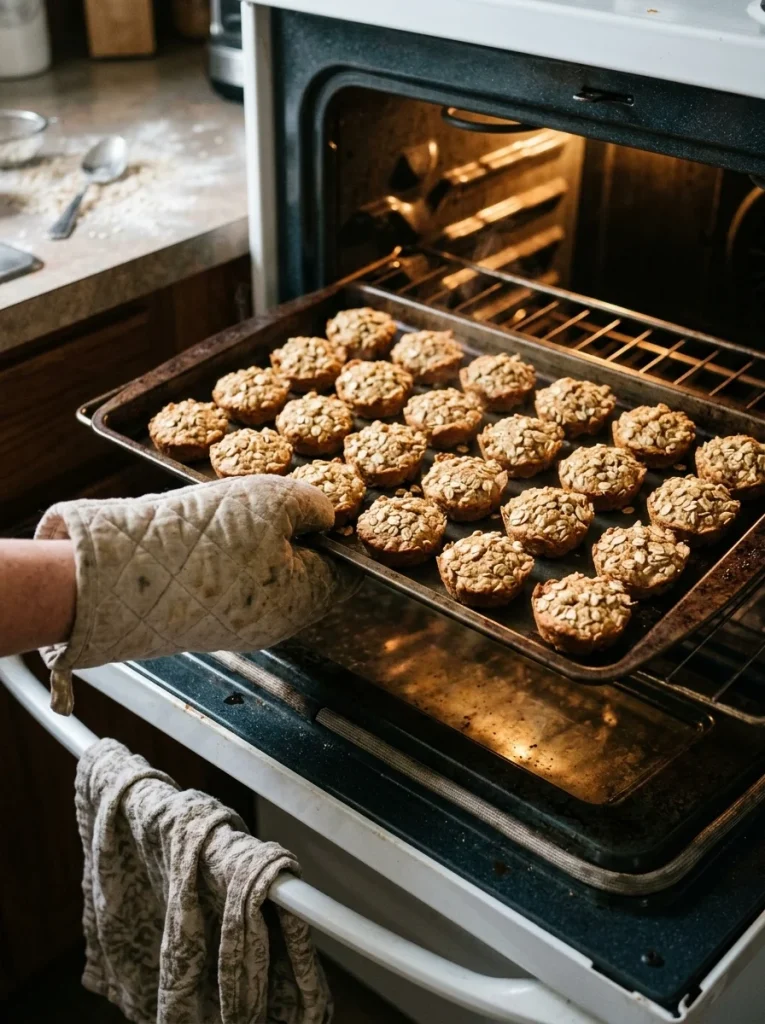 Fresh baked oat bites for dogs on a baking tray just out of the oven