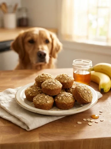 Banana oatmeal dog treats on a plate in a warm morning kitchen with a golden retriever waiting