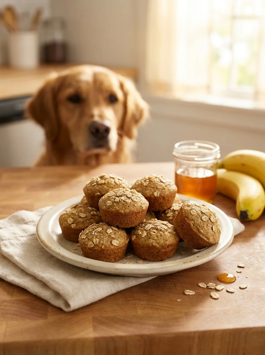 Banana oatmeal dog treats on a plate in a warm morning kitchen with a golden retriever waiting