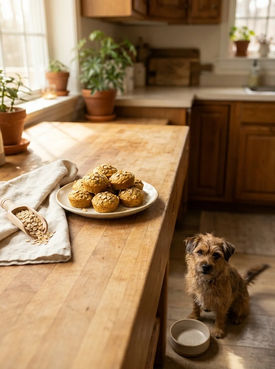 Banana oatmeal treats on a butcher block counter with a small dog looking up