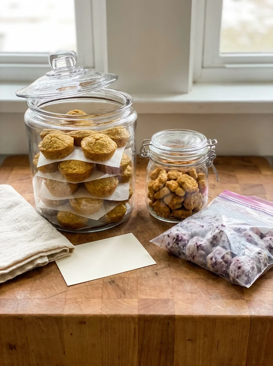 Banana oatmeal dog treats stored in glass jars with parchment between layers