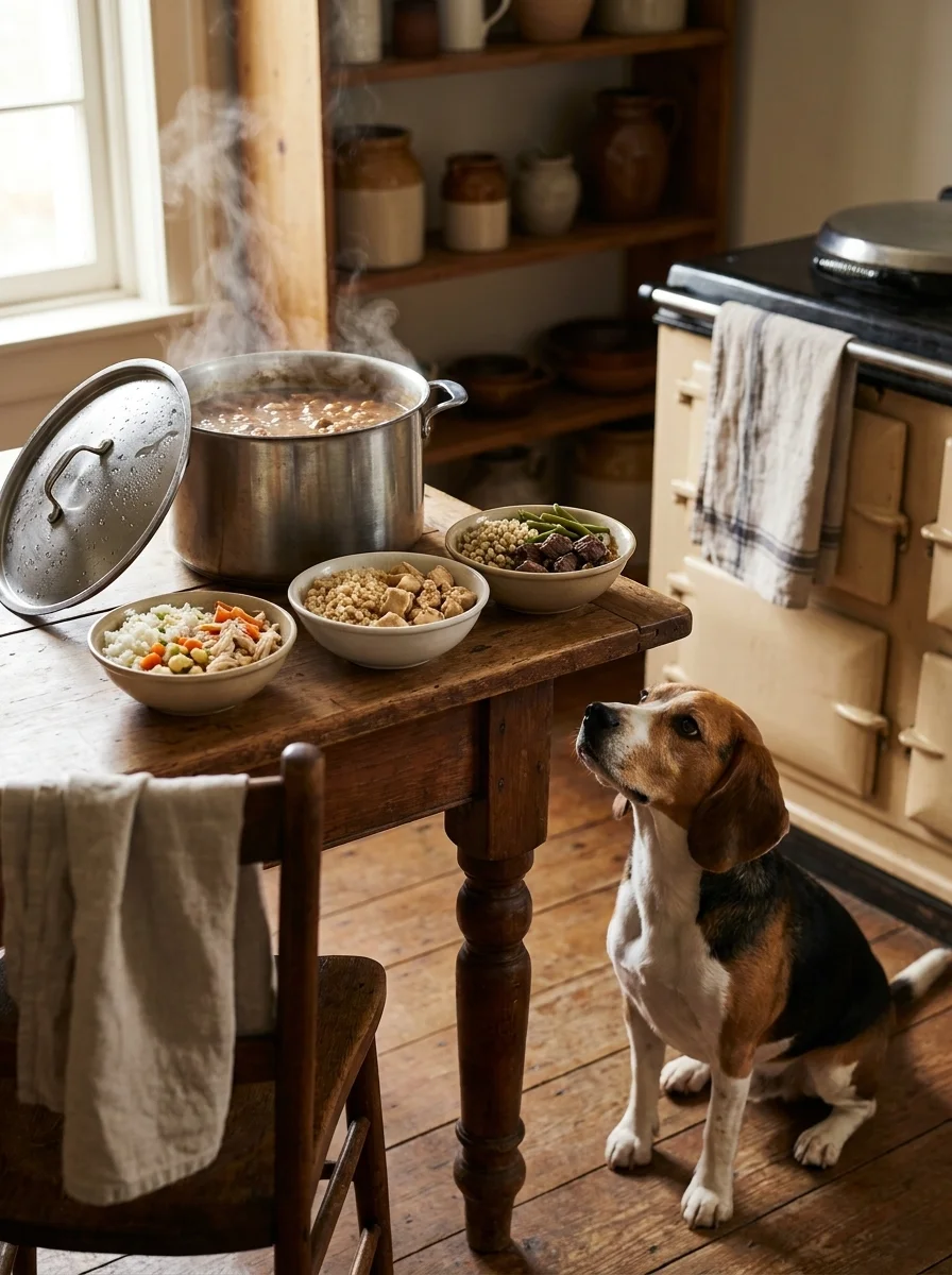 Beagle watching a big pot of homemade dog food being cooked