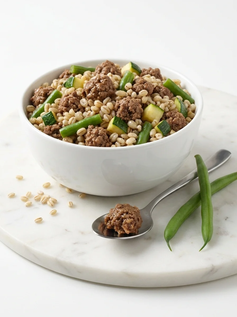 Beef and barley dog food in a white bowl on marble