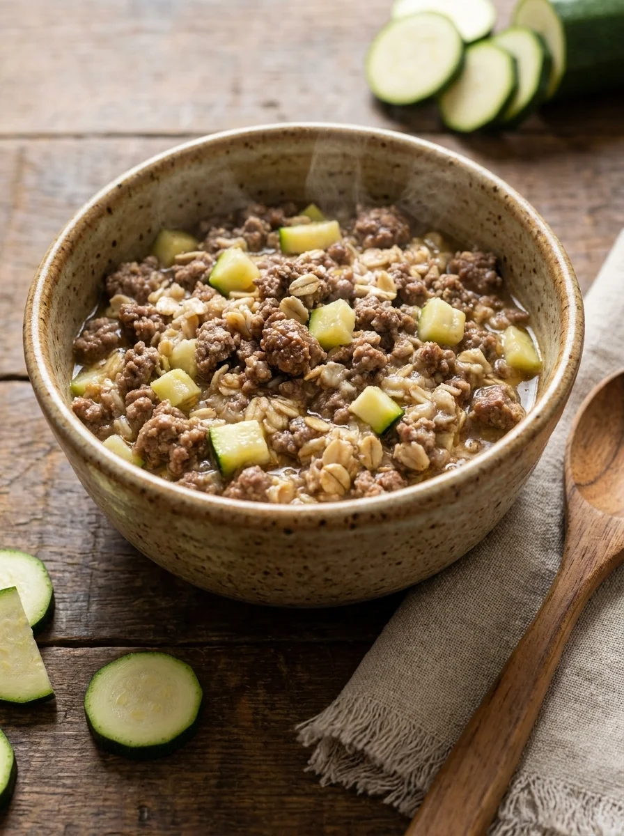 Bowl of ground beef and oat dog food with zucchini