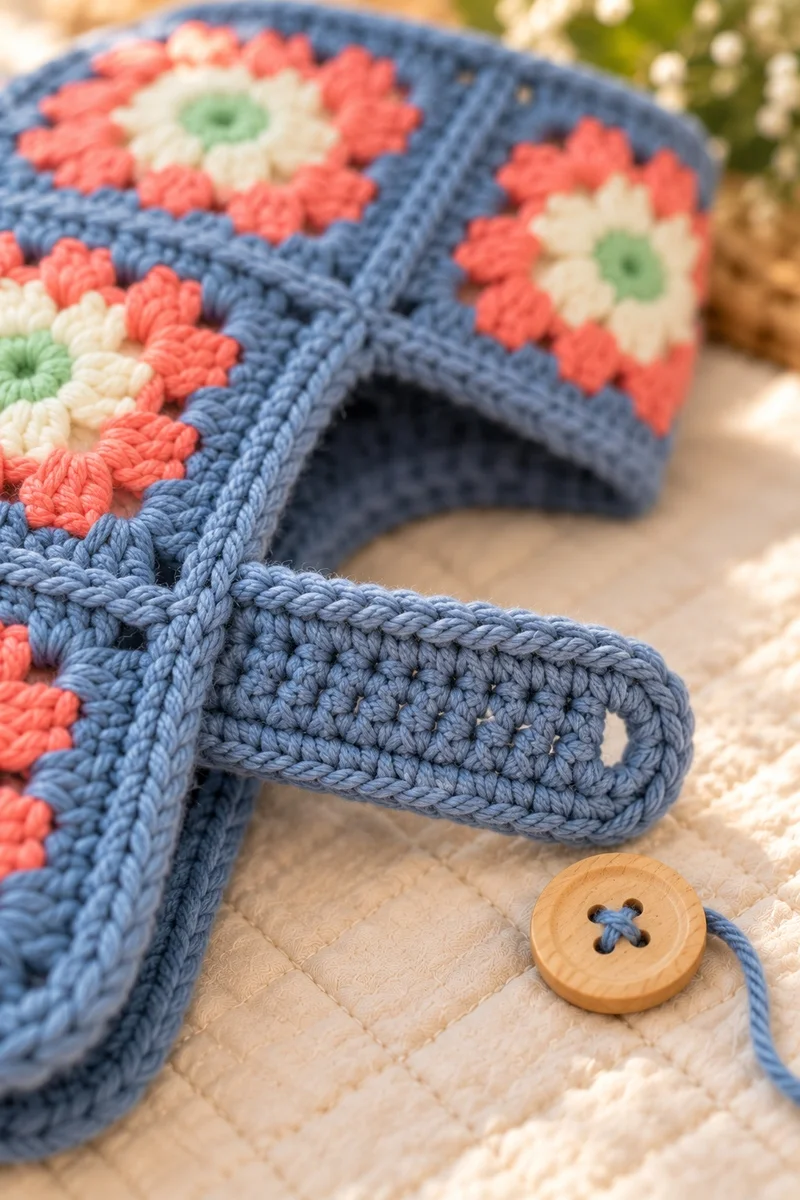 Crocheted belly strap with a wooden button for a granny square dog coat