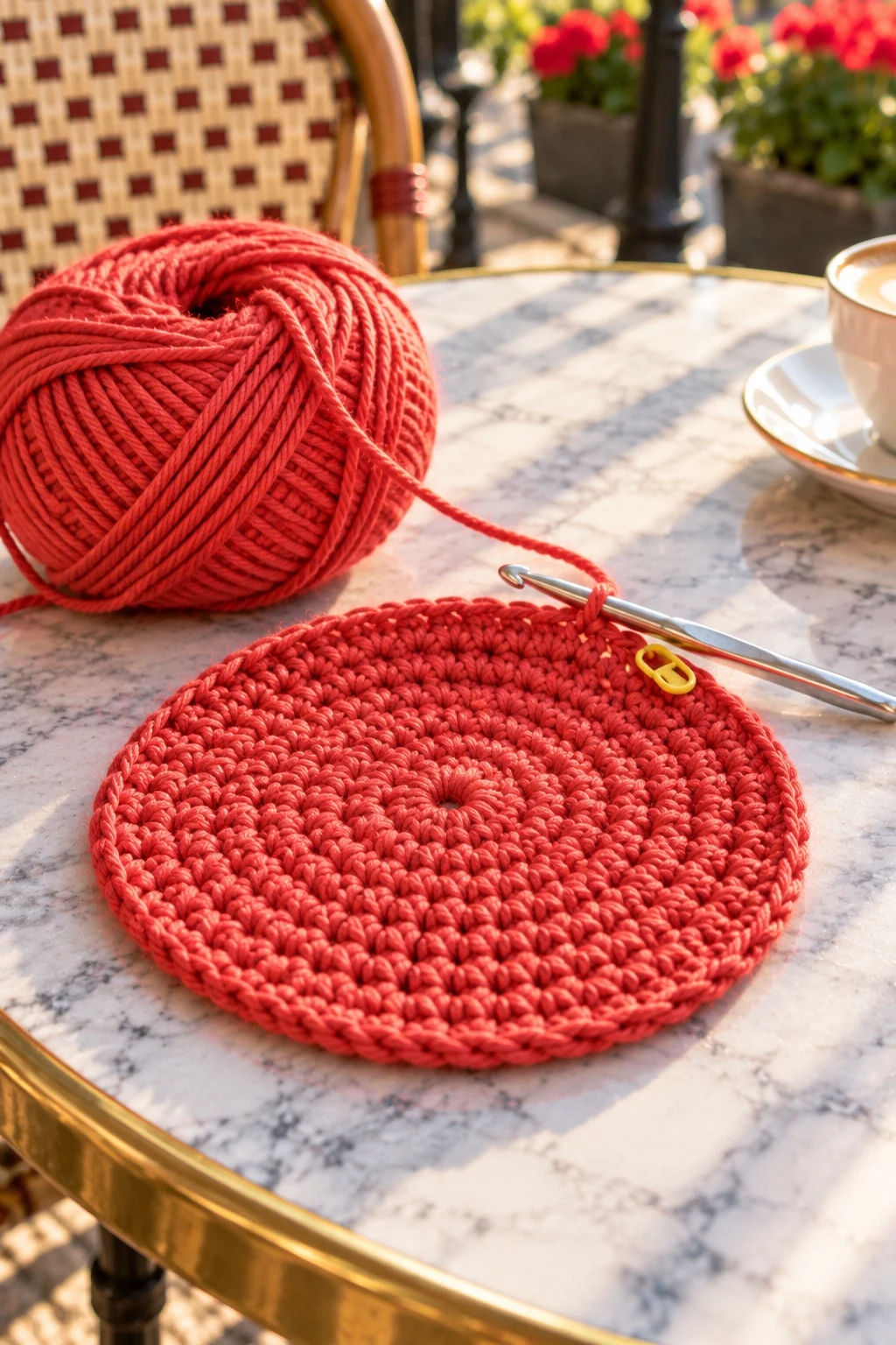 A coral crochet disc two-thirds worked on its hook