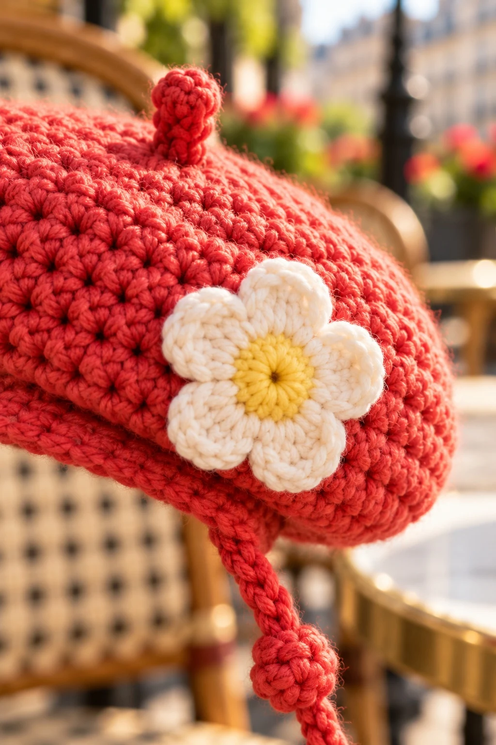 Close-up of the white flower applique on a coral dog beret