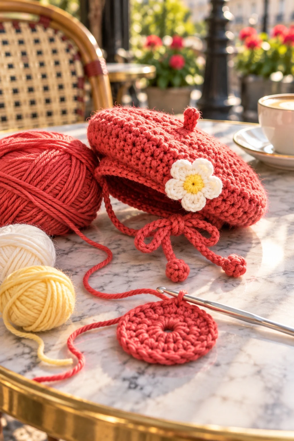 A started coral crochet disc on a hook beside a finished dog beret