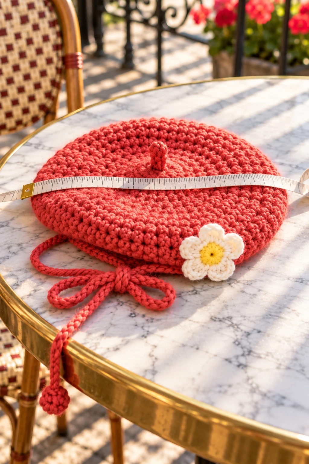 A coral dog beret laid flat with a tape measure across its disc