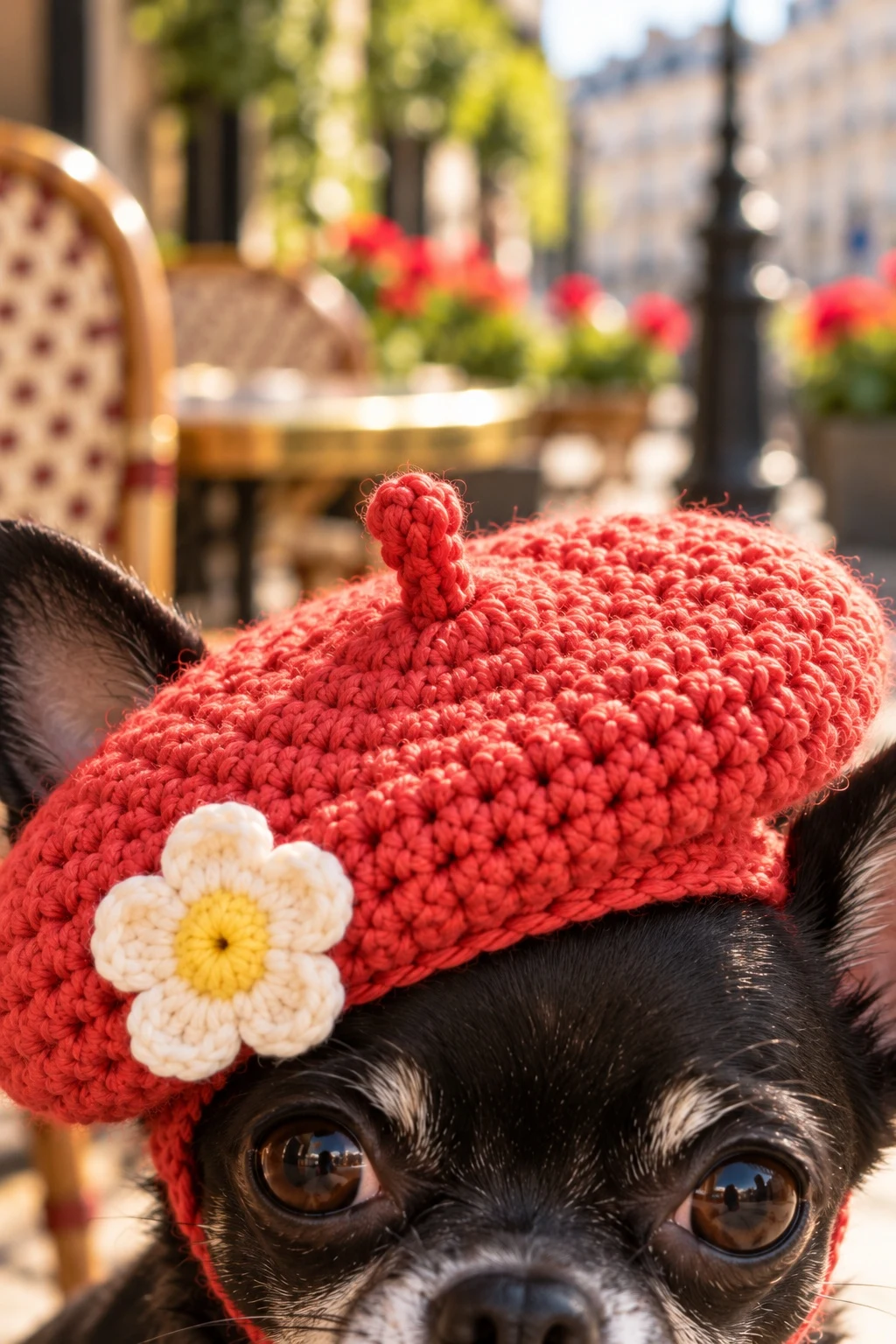 Close-up of the twisted stem on top of a coral dog beret