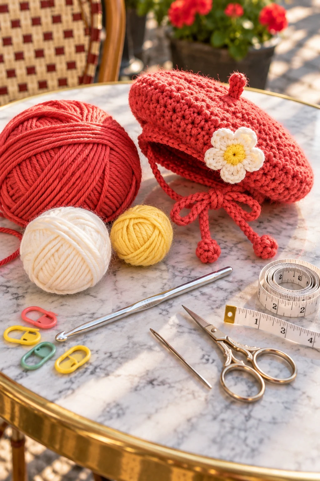 Crochet tools and yarn for the dog beret in a flat lay on a cafe table