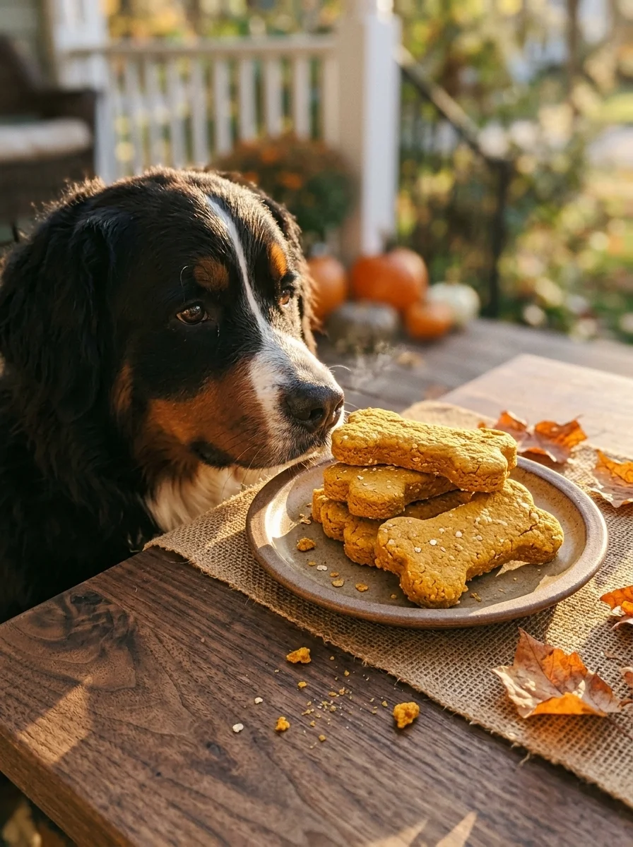 Bernese mountain dog beside pumpkin treats on an autumn table