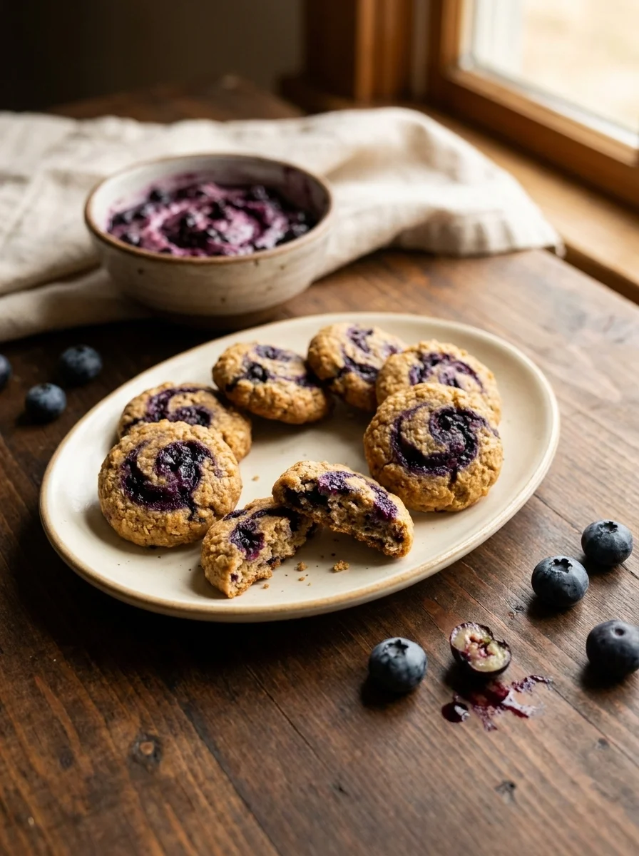 Berry birthday cookies for dogs with purple swirls on a plate with fresh blueberries
