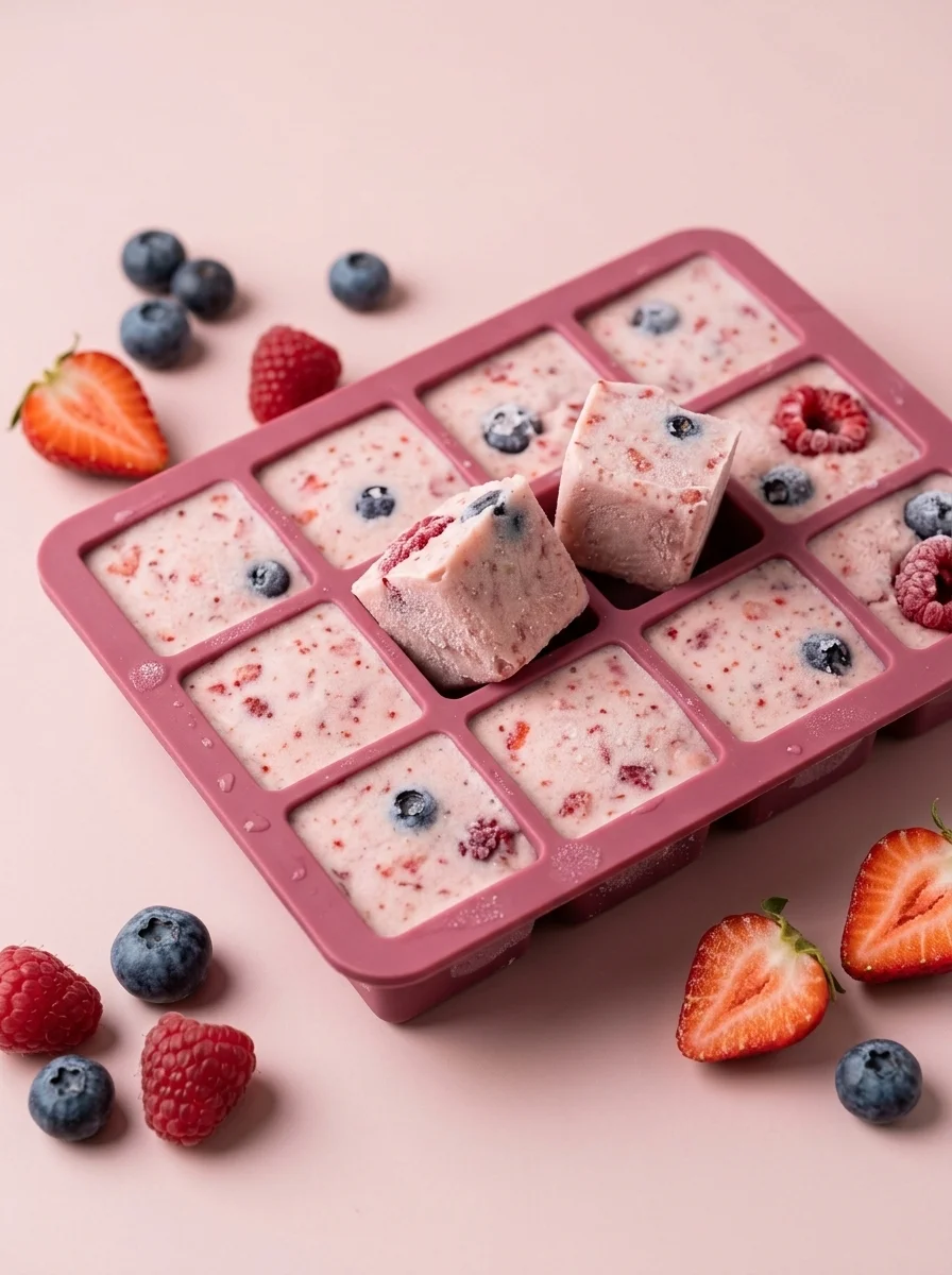 Artful arrangement of berry ice cream with fresh berries in studio