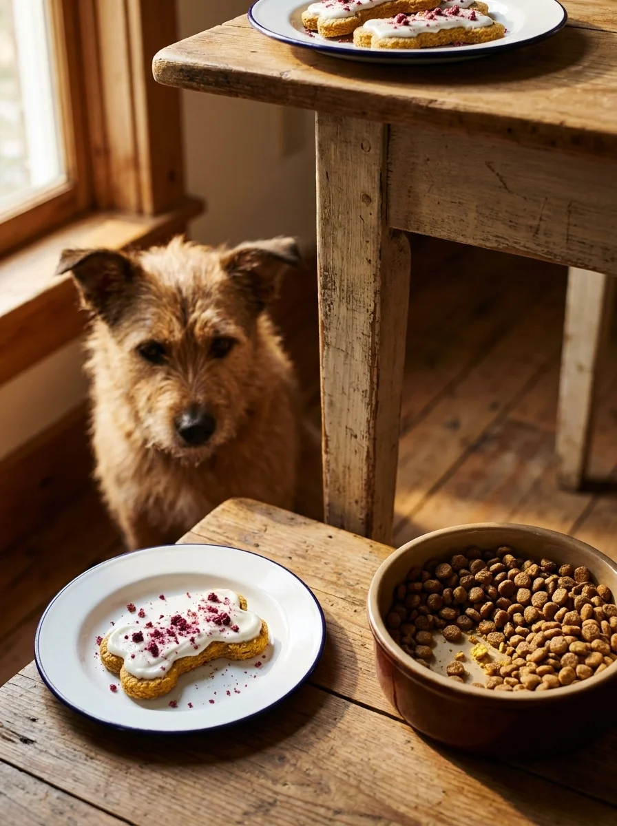 A birthday cookie for dogs served beside a dog bowl on a farmhouse floor