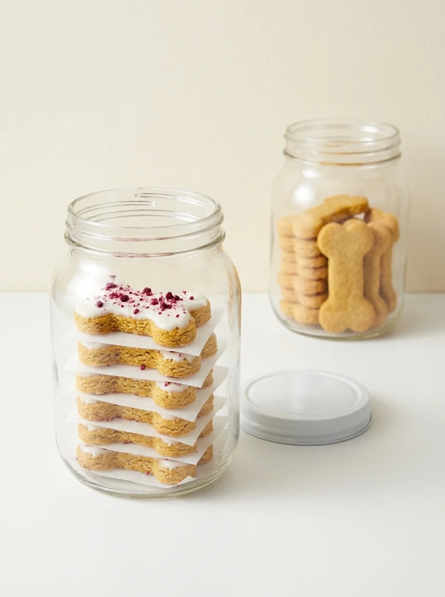 Birthday cookies for dogs stored neatly in glass jars in a studio