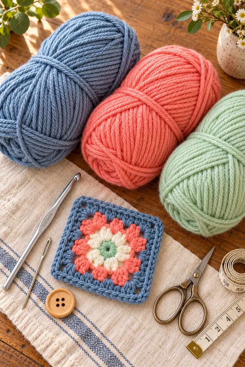 Dusty blue, coral and mint yarn skeins with crochet hook and button