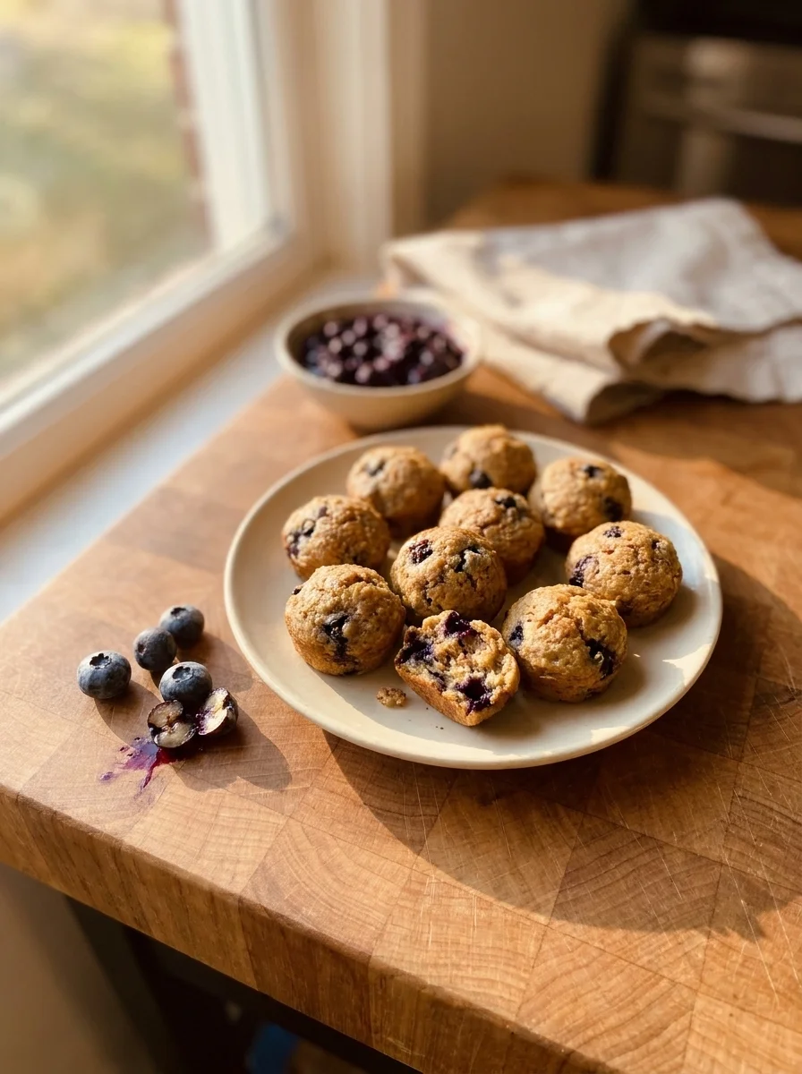Banana-oat blueberry bites for dogs with berry flecks on a plate with fresh blueberries