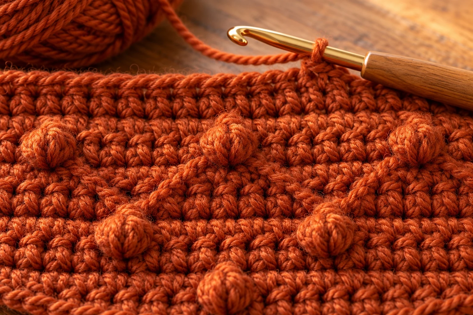 Close-up of bobble diamond texture on a rust scarf