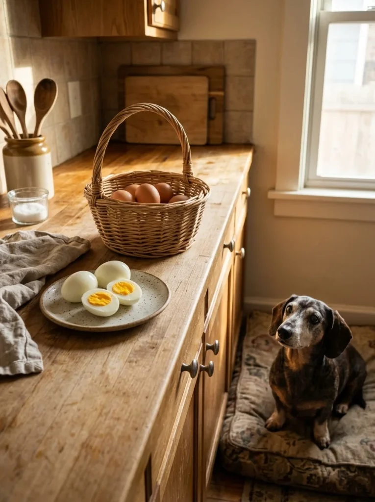 Sliced boiled eggs for a senior dachshund