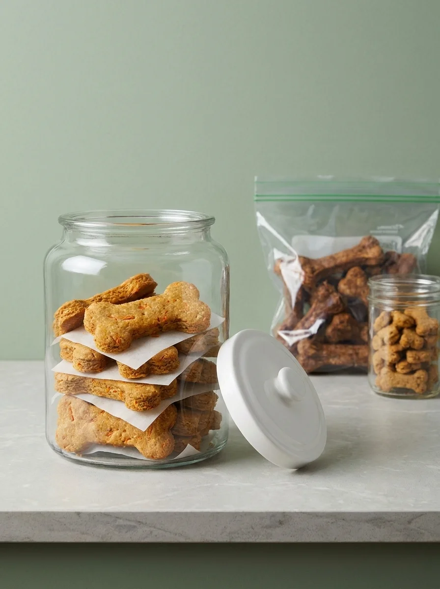 Apple and carrot dog bones stored neatly in glass jars in a studio